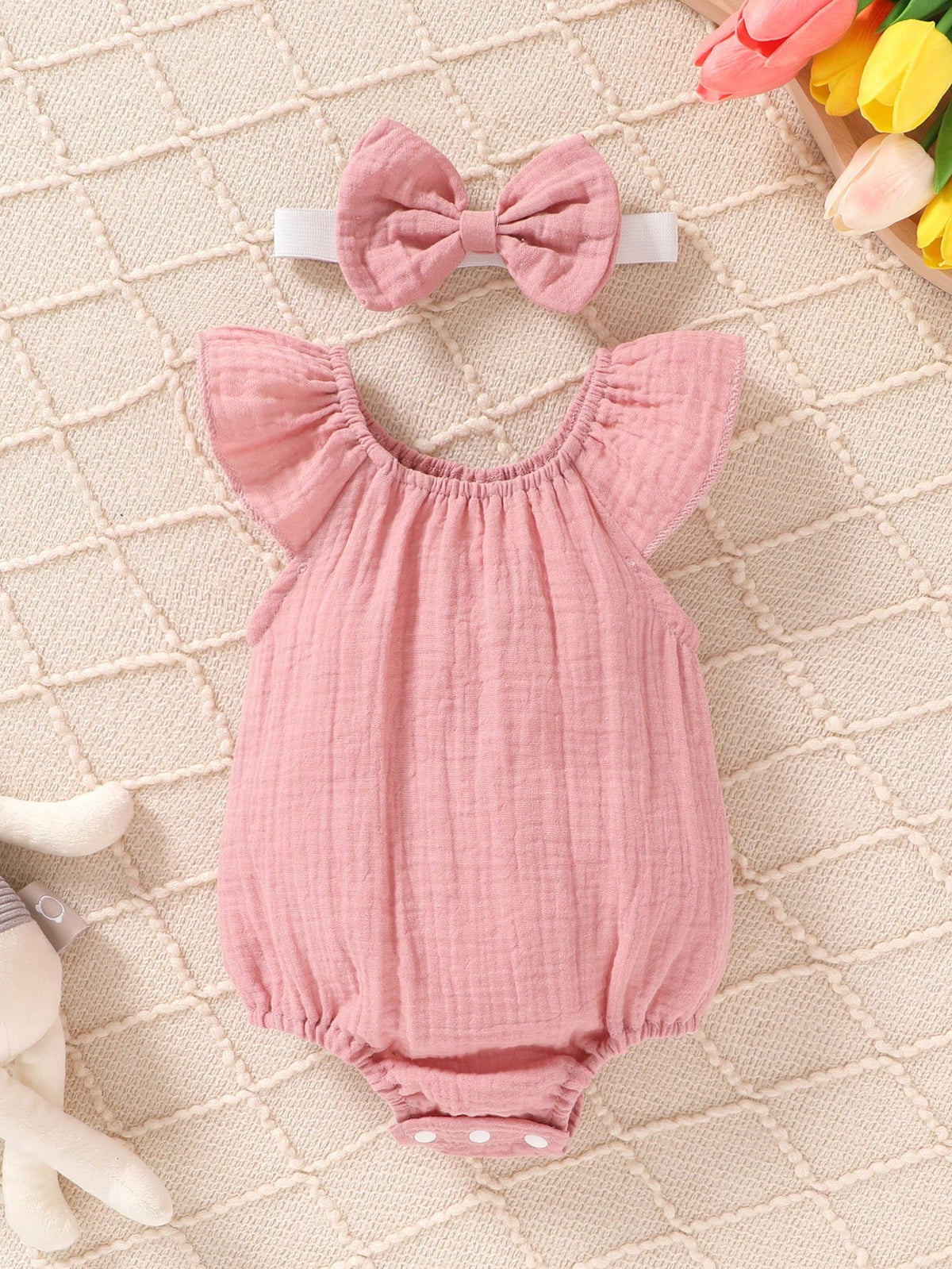 4pcs/Set, Baby Girl, Casual Fashion Cute Elegant, Soft Comfortable, Floral Pattern Ruffle Cotton Bodysuit And Bowknot Decorated Headband Set, Baby Girl Clothing, Newborn Baby Girl Clothing, Baby Suppl