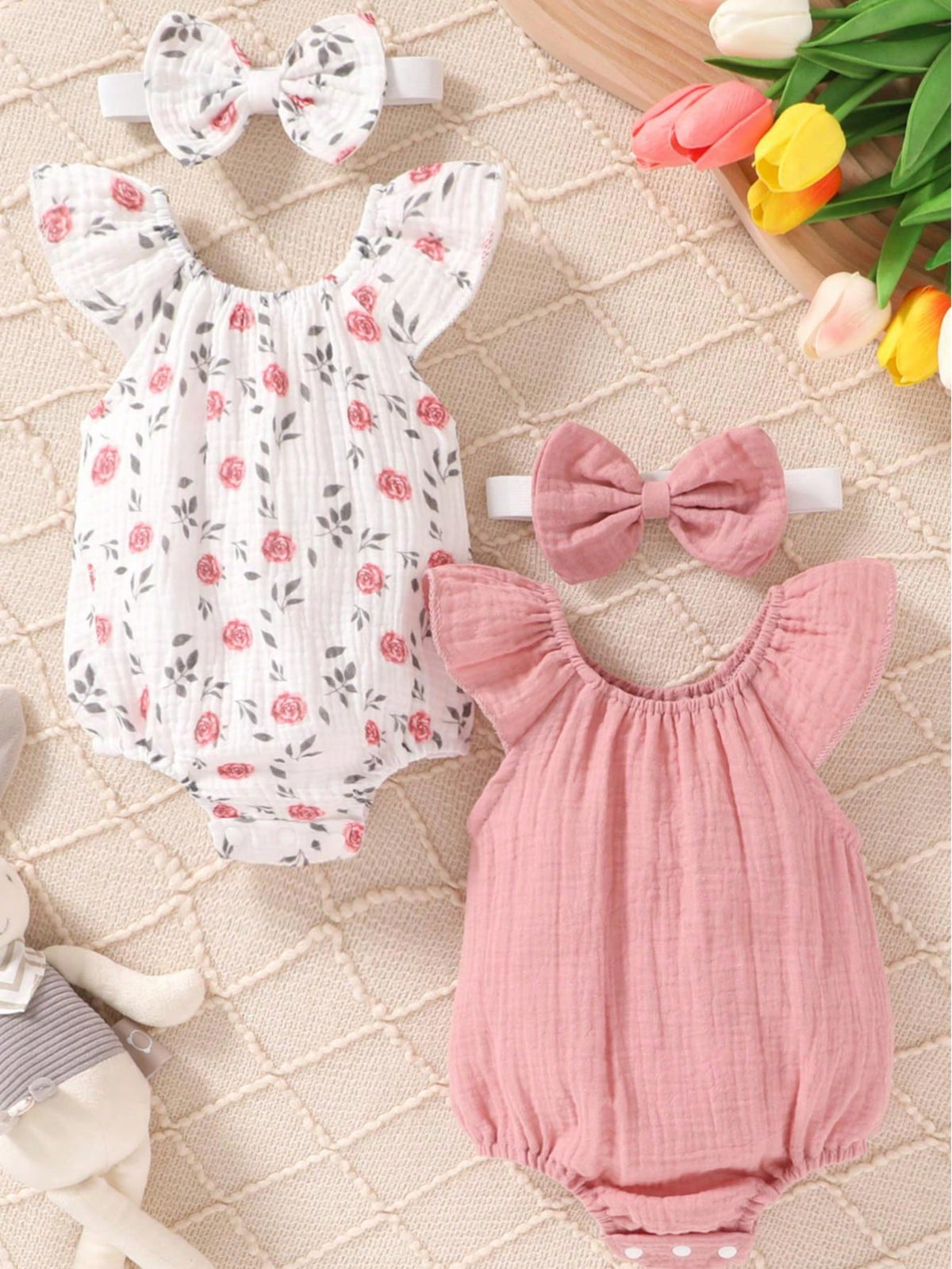 4pcs/Set, Baby Girl, Casual Fashion Cute Elegant, Soft Comfortable, Floral Pattern Ruffle Cotton Bodysuit And Bowknot Decorated Headband Set, Baby Girl Clothing, Newborn Baby Girl Clothing, Baby Suppl