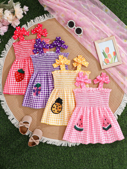 4pcs/Set Baby Girls' Camisole Strap Dress Outfit, Plaid, Fruit, Polka Dot Pattern, Suitable For Summer Outings And Vacations, The Best Gift For Granddaughter