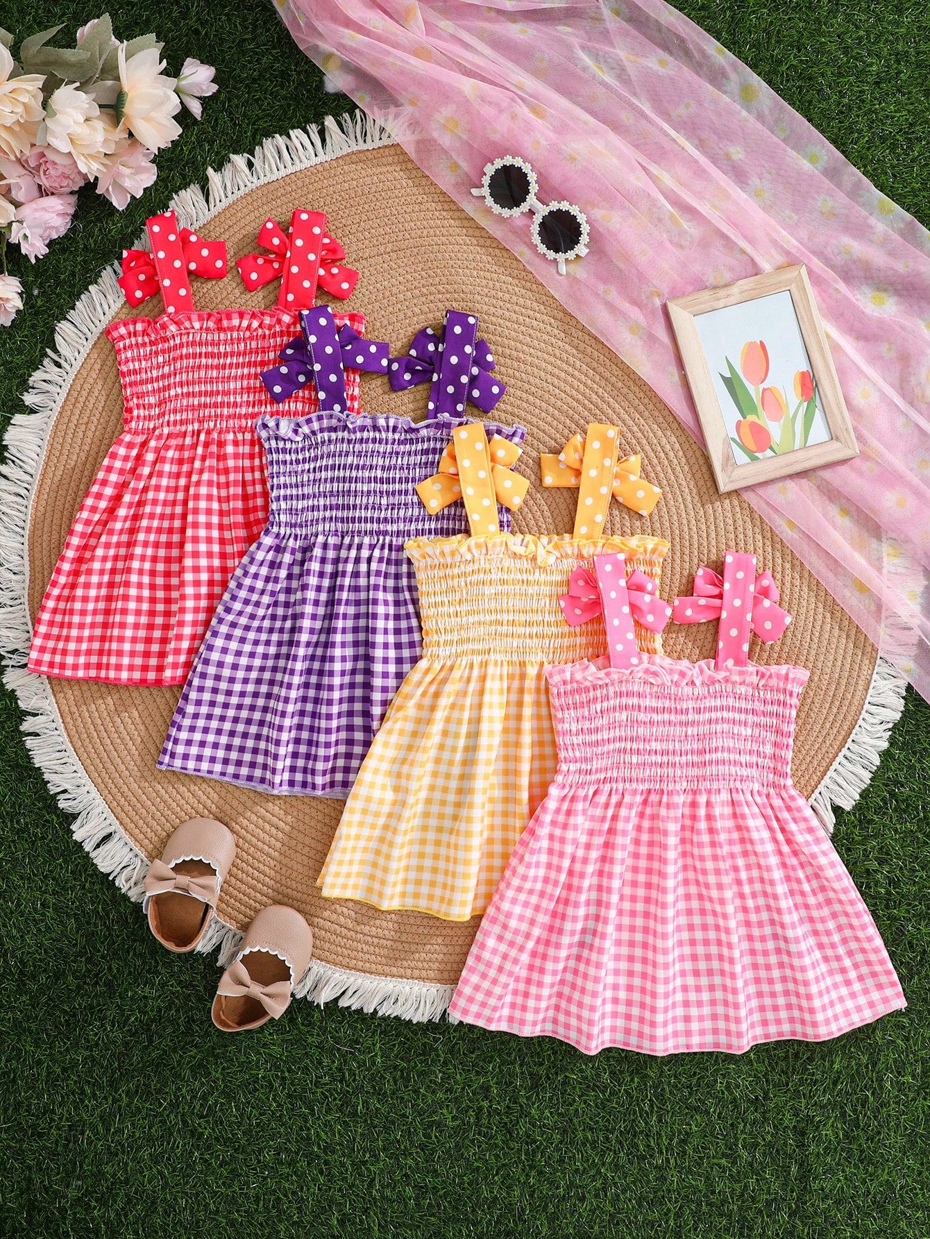 4pcs/Set Baby Girls' Camisole Strap Dress Outfit, Plaid, Fruit, Polka Dot Pattern, Suitable For Summer Outings And Vacations, The Best Gift For Granddaughter