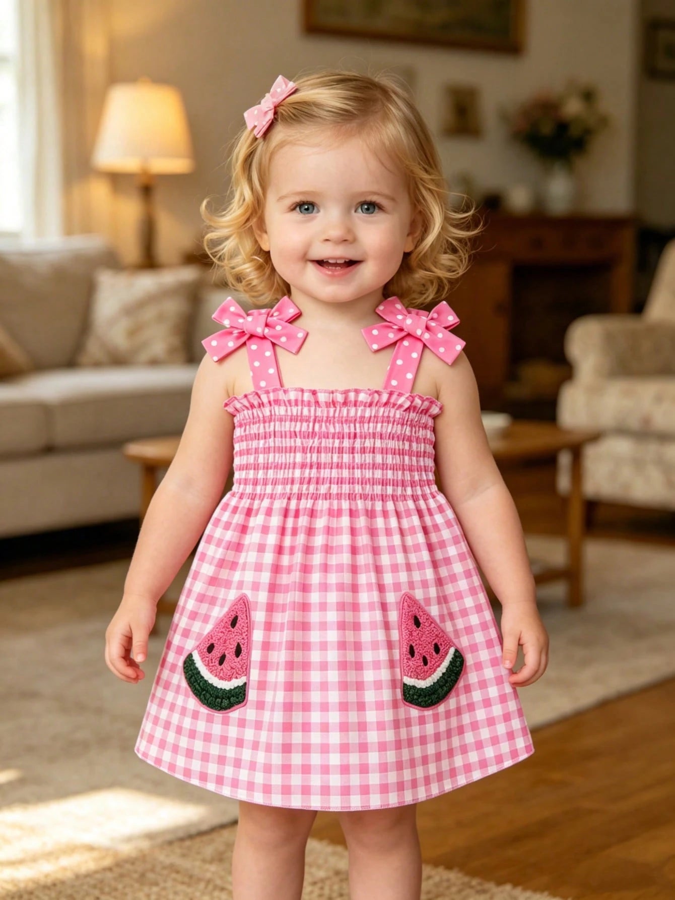 4pcs/Set Baby Girls' Camisole Strap Dress Outfit, Plaid, Fruit, Polka Dot Pattern, Suitable For Summer Outings And Vacations, The Best Gift For Granddaughter