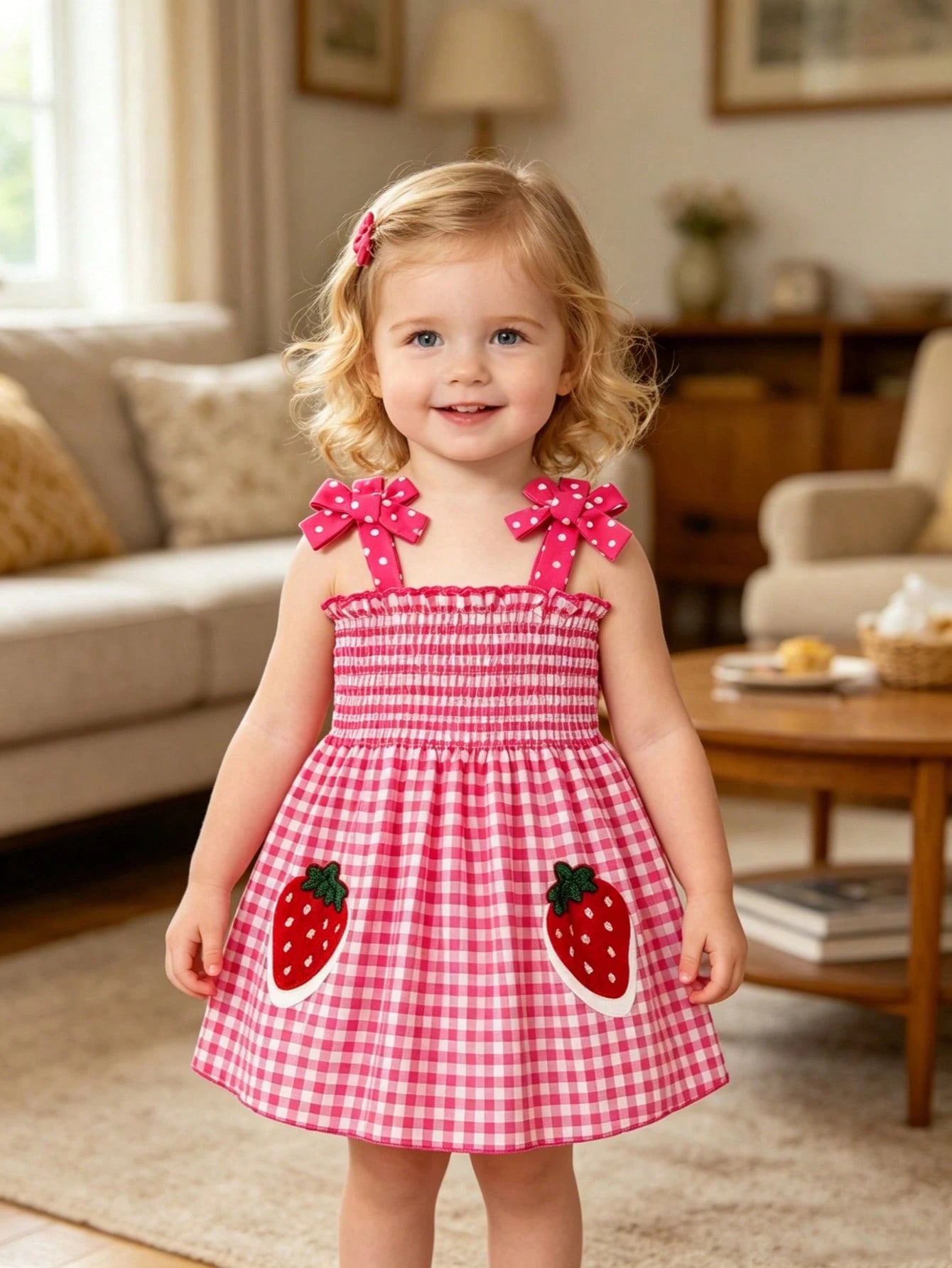 4pcs/Set Baby Girls' Camisole Strap Dress Outfit, Plaid, Fruit, Polka Dot Pattern, Suitable For Summer Outings And Vacations, The Best Gift For Granddaughter