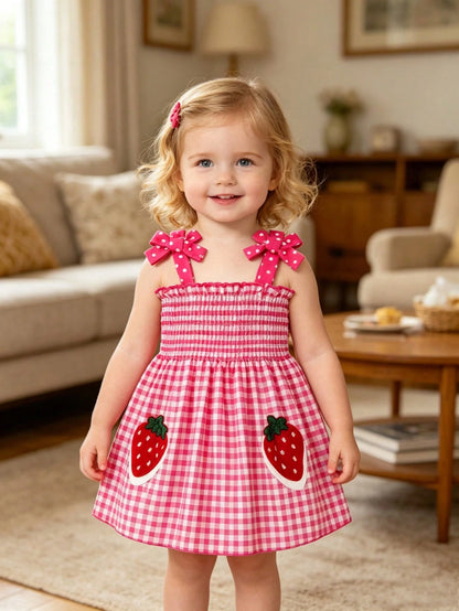 4pcs/Set Baby Girls' Camisole Strap Dress Outfit, Plaid, Fruit, Polka Dot Pattern, Suitable For Summer Outings And Vacations, The Best Gift For Granddaughter