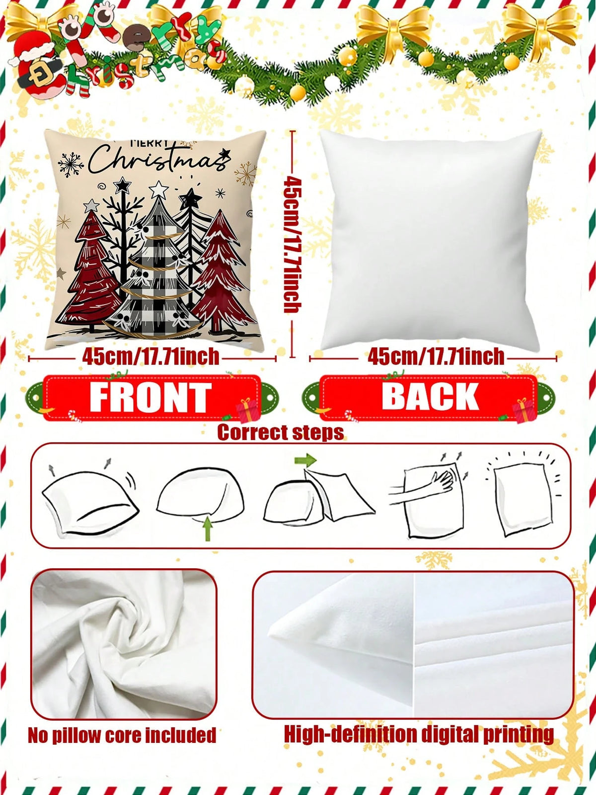 4pcs Set Merry Christmas Text Pattern Throw Pillow Covers, Cute Santa Claus, Snowman, Holiday Theme Farmhouse Style Sofa Decor (Pillow Inserts Not Included)