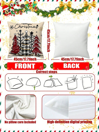 4pcs Set Merry Christmas Text Pattern Throw Pillow Covers, Cute Santa Claus, Snowman, Holiday Theme Farmhouse Style Sofa Decor (Pillow Inserts Not Included)