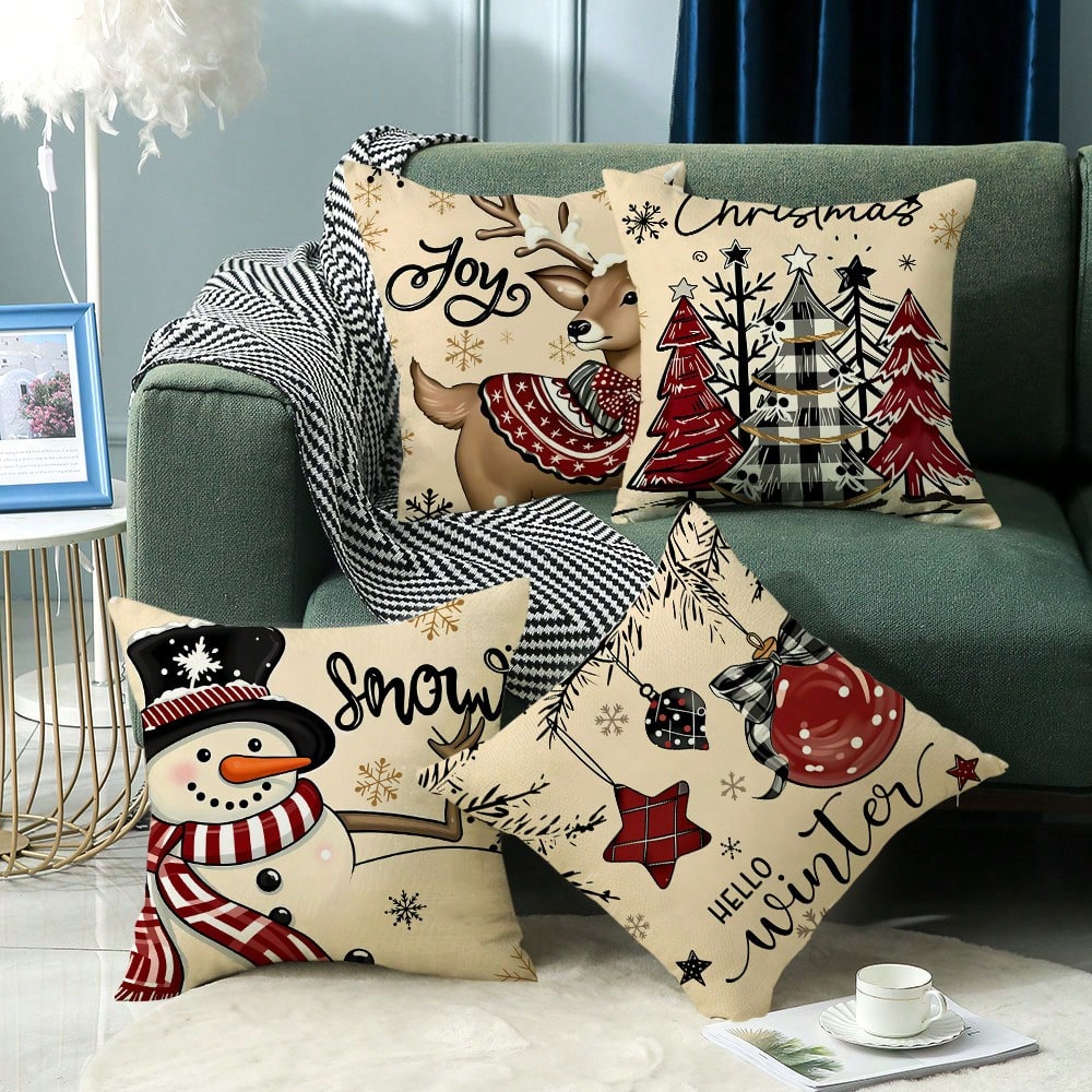 4pcs Set Merry Christmas Text Pattern Throw Pillow Covers, Cute Santa Claus, Snowman, Holiday Theme Farmhouse Style Sofa Decor (Pillow Inserts Not Included)