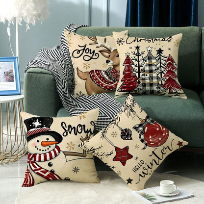 4pcs Set Merry Christmas Text Pattern Throw Pillow Covers, Cute Santa Claus, Snowman, Holiday Theme Farmhouse Style Sofa Decor (Pillow Inserts Not Included)
