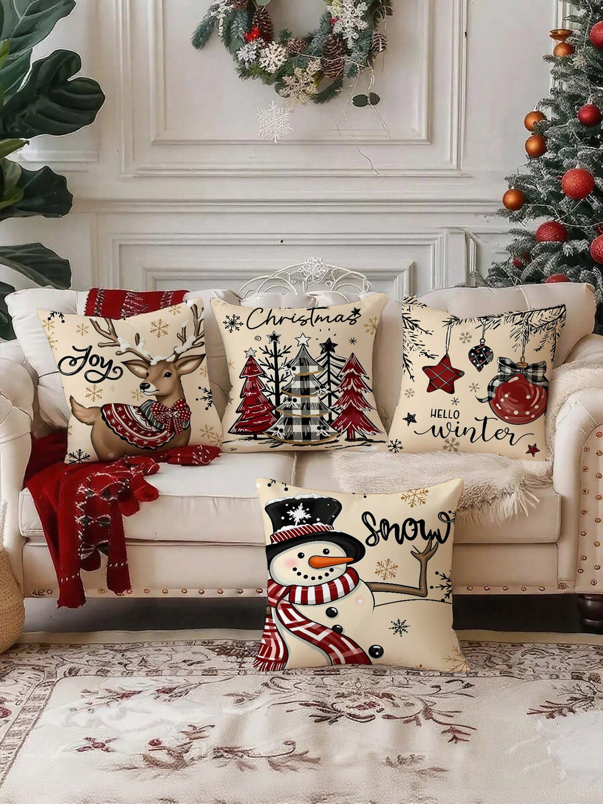 4pcs Set Merry Christmas Text Pattern Throw Pillow Covers, Cute Santa Claus, Snowman, Holiday Theme Farmhouse Style Sofa Decor (Pillow Inserts Not Included)