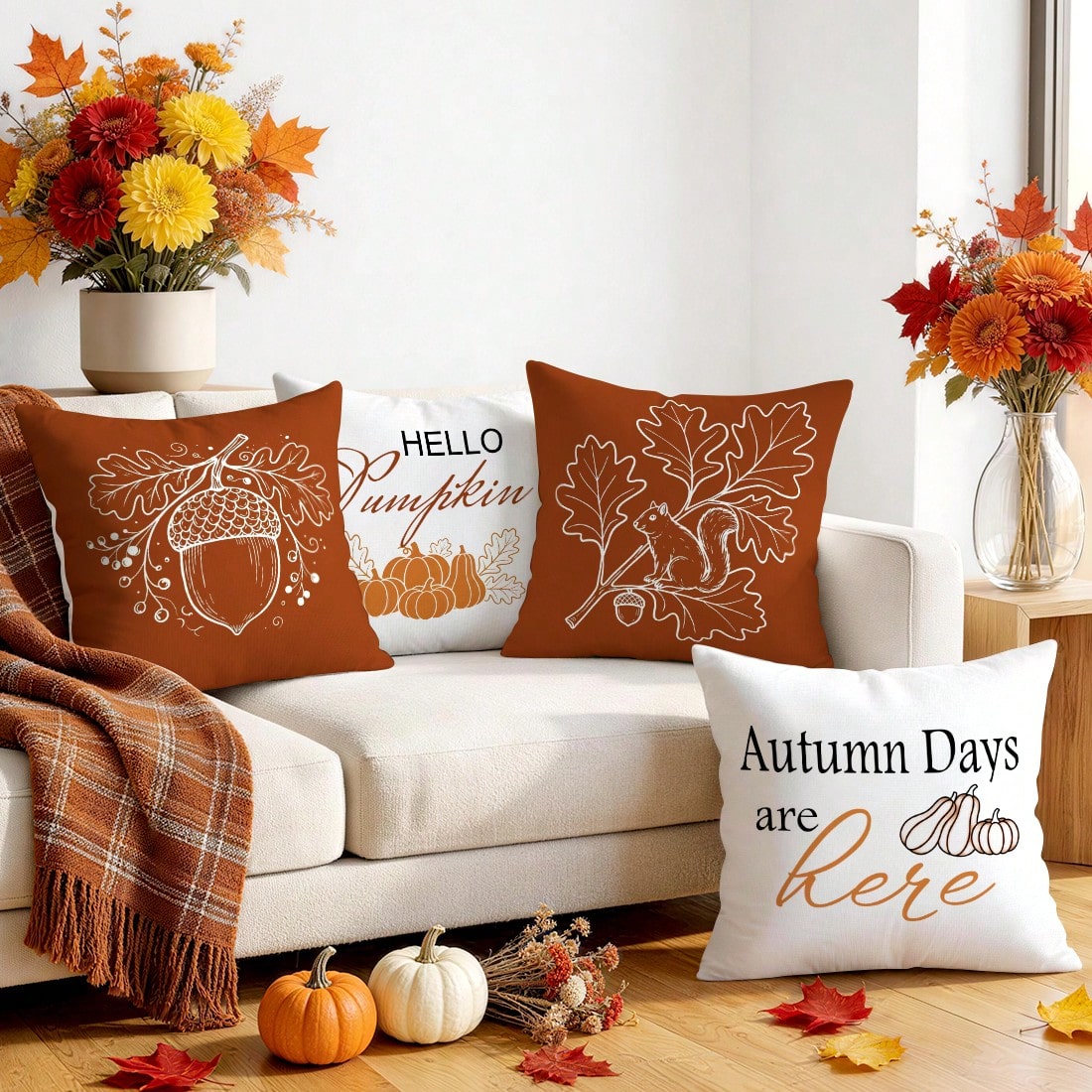 4pcs Simple Acorn Autumn Line Pattern Pillow Covers Without Inserts, Single-Sided Printed Pillow Covers, Suitable For Living Room Bedroom Home Decor, All-Season Pillow Covers
