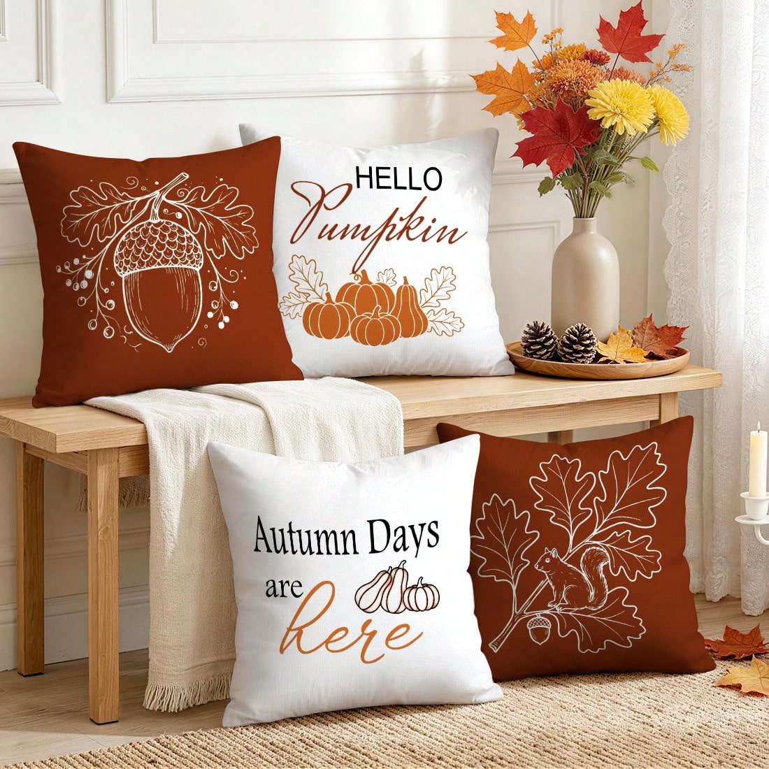 4pcs Simple Acorn Autumn Line Pattern Pillow Covers Without Inserts, Single-Sided Printed Pillow Covers, Suitable For Living Room Bedroom Home Decor, All-Season Pillow Covers