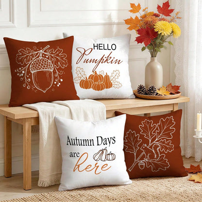 4pcs Simple Acorn Autumn Line Pattern Pillow Covers Without Inserts, Single-Sided Printed Pillow Covers, Suitable For Living Room Bedroom Home Decor, All-Season Pillow Covers