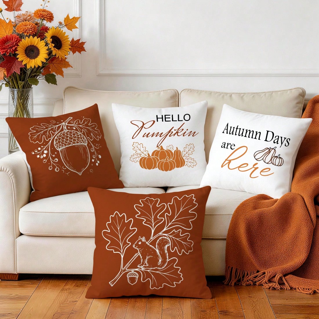 4pcs Simple Acorn Autumn Line Pattern Pillow Covers Without Inserts, Single-Sided Printed Pillow Covers, Suitable For Living Room Bedroom Home Decor, All-Season Pillow Covers