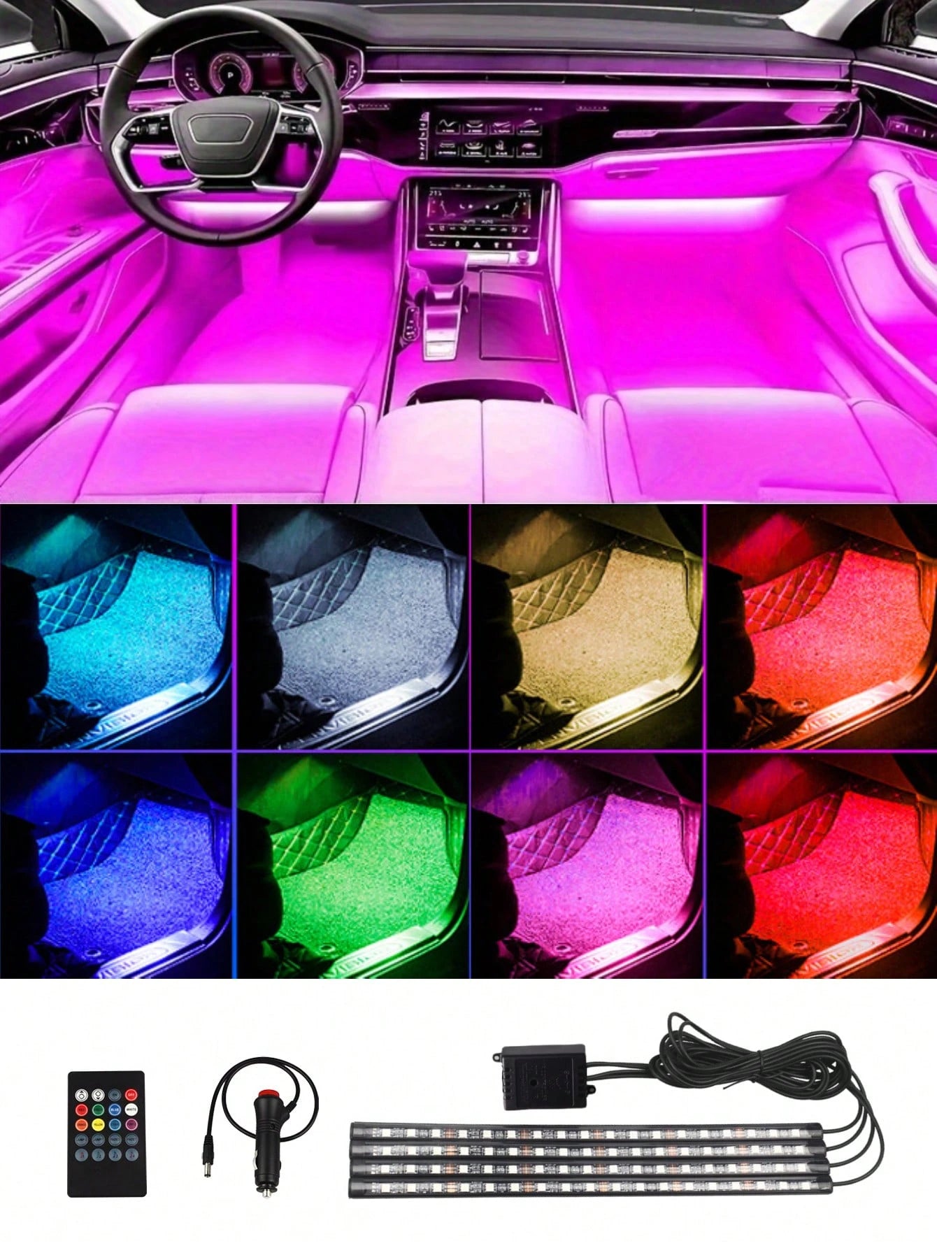4pcs Smart RGB Car Interior Lights, 48/72 LED Beads Car Decorative Atmosphere Lights With Remote Control, Car Light Strips, Car Decoration, Car Accessories, Waterproof, Music Mode, Suitable For All Ca