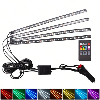 4pcs Smart RGB Car Interior Lights, 48/72 LED Beads Car Decorative Atmosphere Lights With Remote Control, Car Light Strips, Car Decoration, Car Accessories, Waterproof, Music Mode, Suitable For All Ca