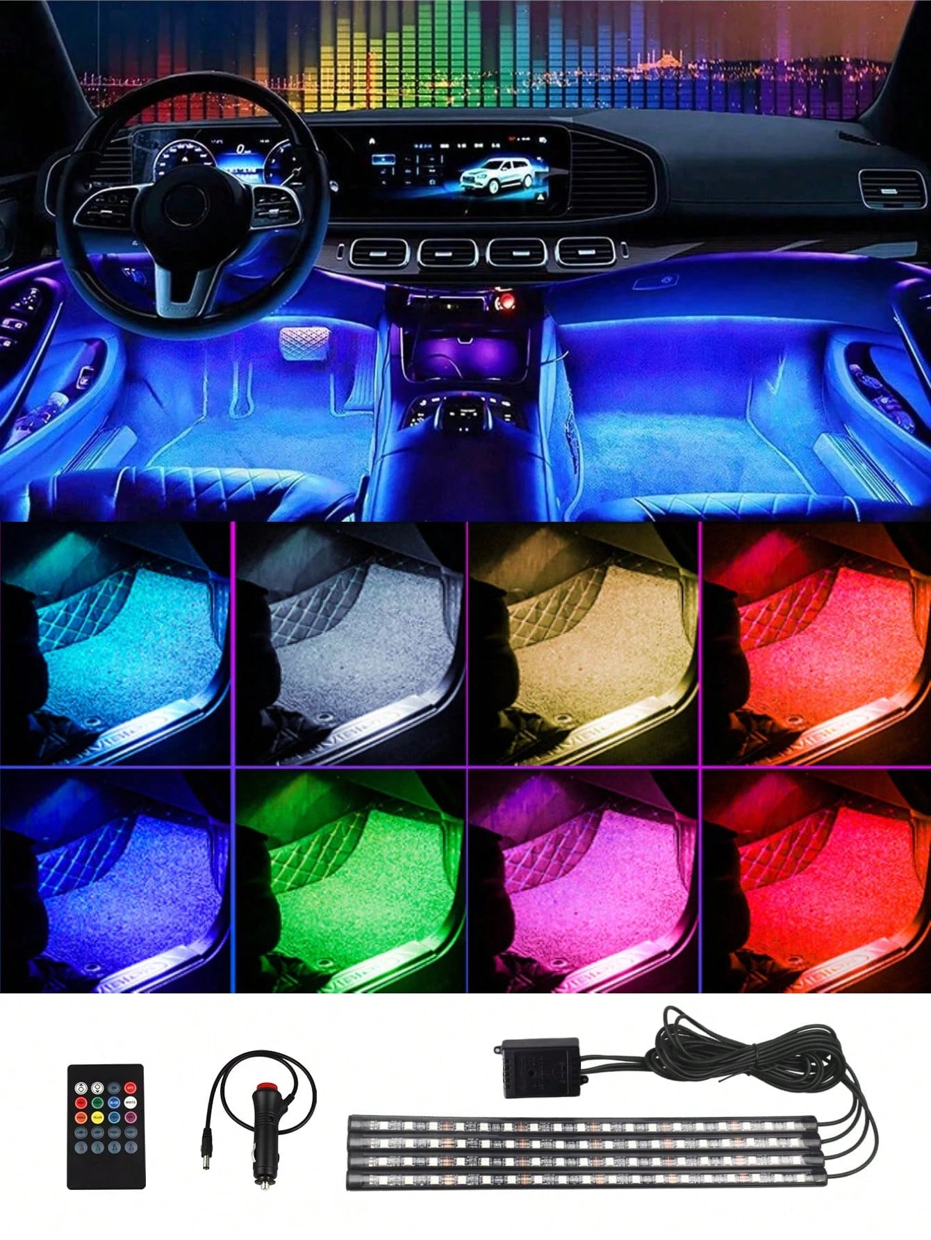 4pcs Smart RGB Car Interior Lights, 48/72 LED Beads Car Decorative Atmosphere Lights With Remote Control, Car Light Strips, Car Decoration, Car Accessories, Waterproof, Music Mode, Suitable For All Ca