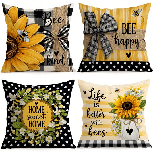 4pcs Sunflower & Bee Pastoral Pattern Single-Sided Printed Throw Pillow Covers/Cushion Covers, Multi-Scene Atmosphere Decorative Pillow Covers Suitable For Living Room Sofa Bedroom, Pillow Inserts Not