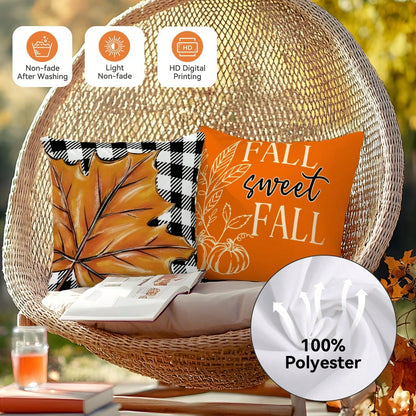 4pcs Thanksgiving Plaid Maple Leaf & Pumpkin Pattern Pillow Covers, Single-Sided Printed Cushion Covers, Suitable For Living Room, Bedroom, Home Decor, All-Season Use