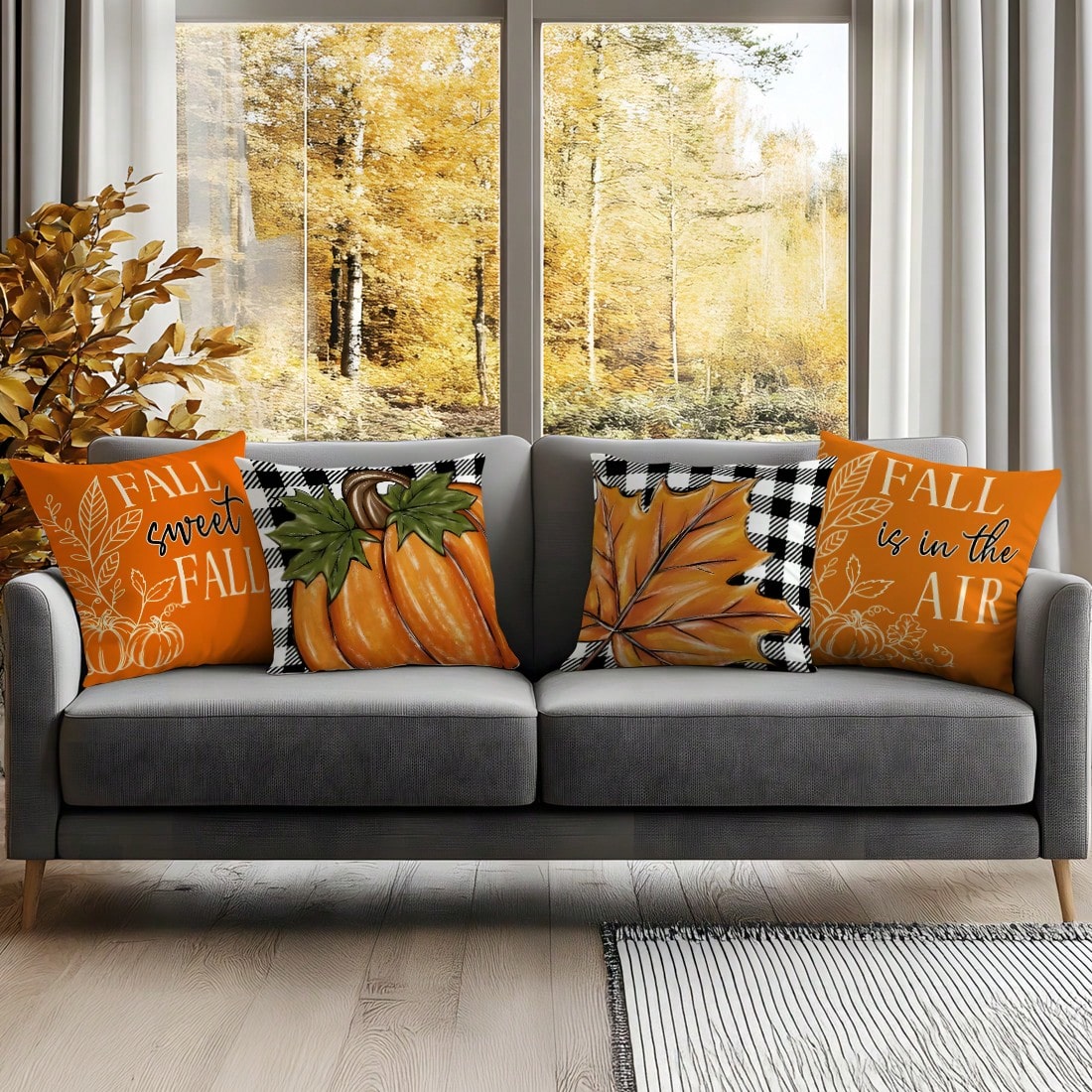 4pcs Thanksgiving Plaid Maple Leaf & Pumpkin Pattern Pillow Covers, Single-Sided Printed Cushion Covers, Suitable For Living Room, Bedroom, Home Decor, All-Season Use