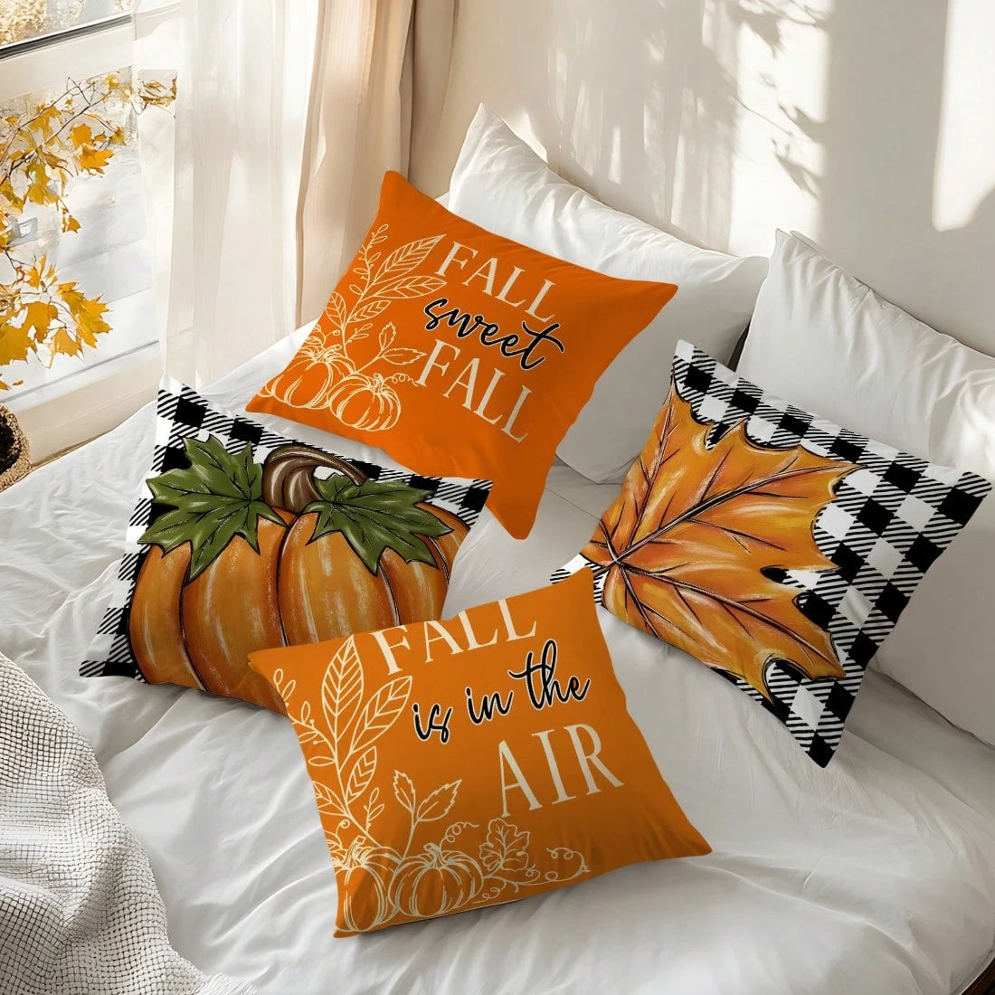 4pcs Thanksgiving Plaid Maple Leaf & Pumpkin Pattern Pillow Covers, Single-Sided Printed Cushion Covers, Suitable For Living Room, Bedroom, Home Decor, All-Season Use