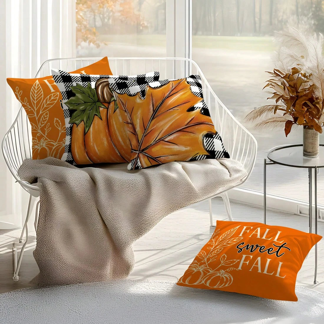 4pcs Thanksgiving Plaid Maple Leaf & Pumpkin Pattern Pillow Covers, Single-Sided Printed Cushion Covers, Suitable For Living Room, Bedroom, Home Decor, All-Season Use