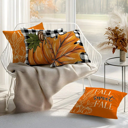 4pcs Thanksgiving Plaid Maple Leaf & Pumpkin Pattern Pillow Covers, Single-Sided Printed Cushion Covers, Suitable For Living Room, Bedroom, Home Decor, All-Season Use