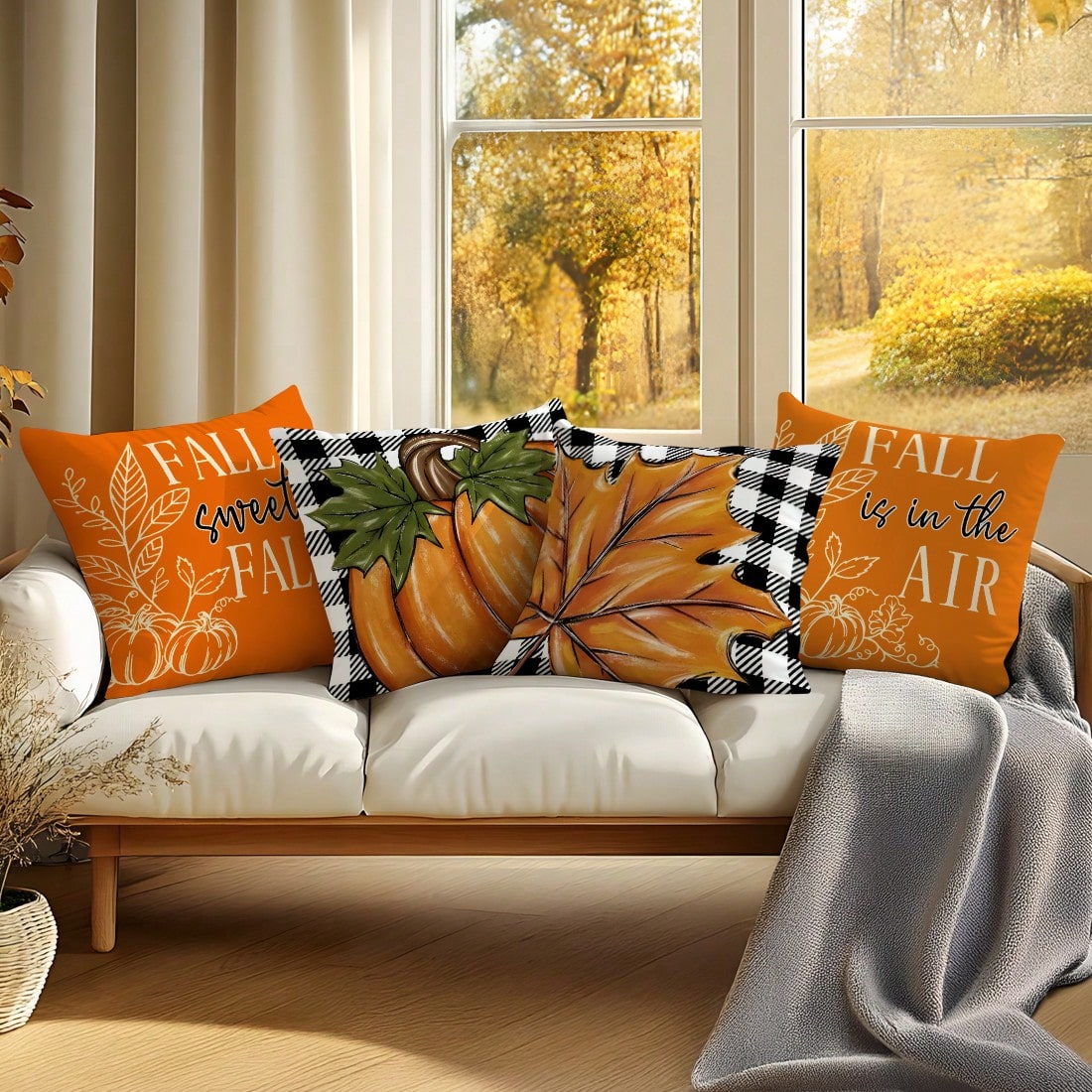 4pcs Thanksgiving Plaid Maple Leaf & Pumpkin Pattern Pillow Covers, Single-Sided Printed Cushion Covers, Suitable For Living Room, Bedroom, Home Decor, All-Season Use