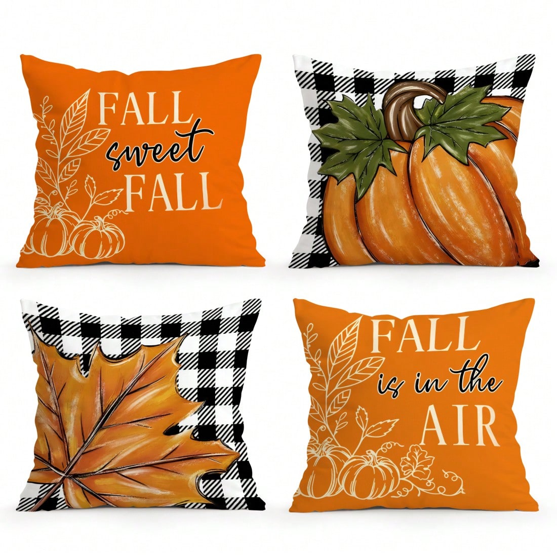4pcs Thanksgiving Plaid Maple Leaf & Pumpkin Pattern Pillow Covers, Single-Sided Printed Cushion Covers, Suitable For Living Room, Bedroom, Home Decor, All-Season Use