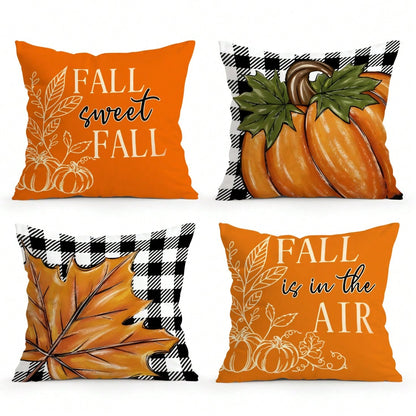 4pcs Thanksgiving Plaid Maple Leaf & Pumpkin Pattern Pillow Covers, Single-Sided Printed Cushion Covers, Suitable For Living Room, Bedroom, Home Decor, All-Season Use
