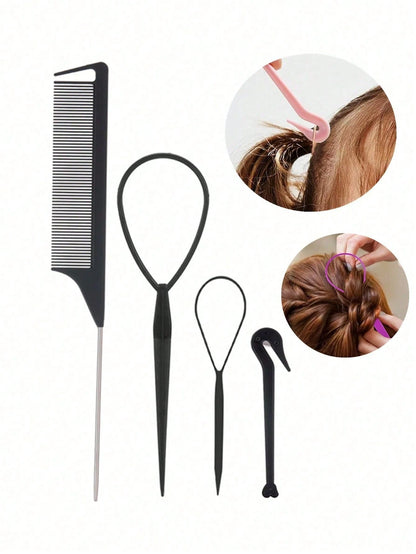 4Pcs Topsy Tail Hair Tool Hair Looping Tool Hair Braiding Tool With Rat Tail Comb, Ponytail Loop Hai
