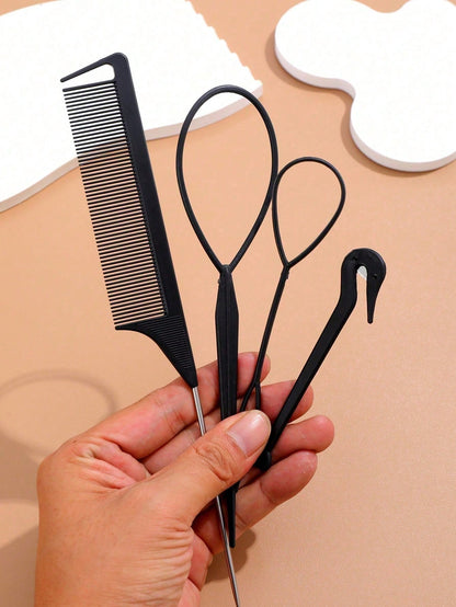 4Pcs Topsy Tail Hair Tool Hair Looping Tool Hair Braiding Tool With Rat Tail Comb, Ponytail Loop Hai