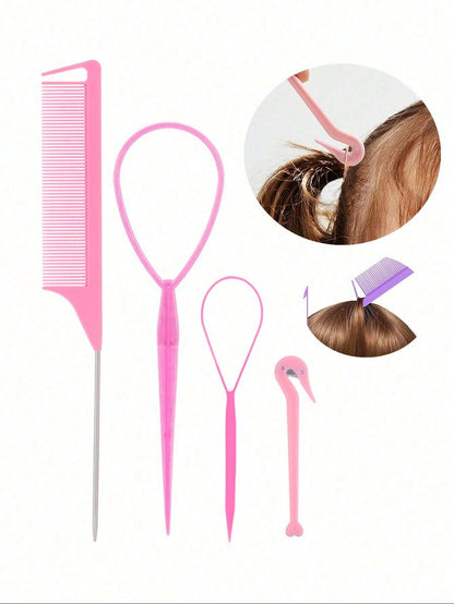 4Pcs Topsy Tail Hair Tool Hair Looping Tool Hair Braiding Tool With Rat Tail Comb, Ponytail Loop Hai