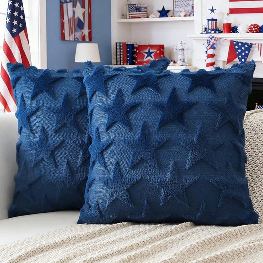 4th Of July Throw Pillow Covers Set Of 2 Stars Cushion Covers For Sofa 18x18 Inch Square Patriotic Soft Pl 11ush Short Wool Velvet Pillowcase Memorial Day Party Decor Blue
