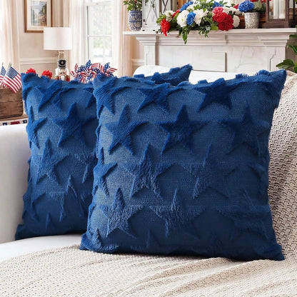 4th Of July Throw Pillow Covers Set Of 2 Stars Cushion Covers For Sofa 18x18 Inch Square Patriotic Soft Pl 11ush Short Wool Velvet Pillowcase Memorial Day Party Decor Blue
