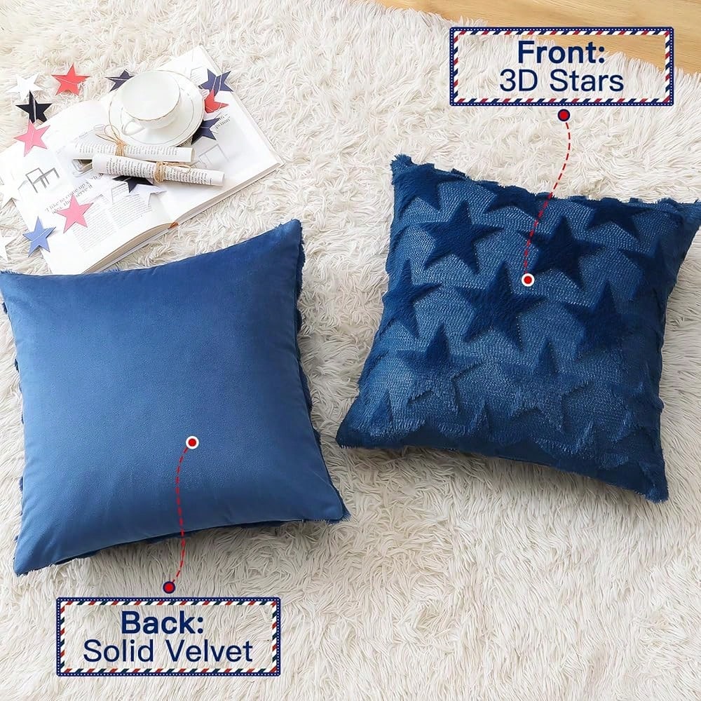 4th Of July Throw Pillow Covers Set Of 2 Stars Cushion Covers For Sofa 18x18 Inch Square Patriotic Soft Pl 11ush Short Wool Velvet Pillowcase Memorial Day Party Decor Blue