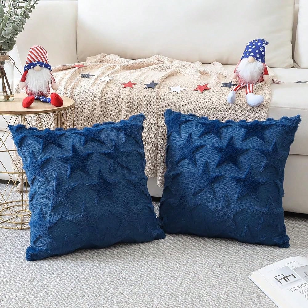 4th Of July Throw Pillow Covers Set Of 2 Stars Cushion Covers For Sofa 18x18 Inch Square Patriotic Soft Pl 11ush Short Wool Velvet Pillowcase Memorial Day Party Decor Blue
