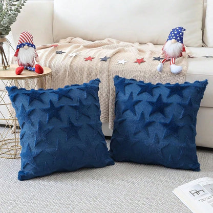 4th Of July Throw Pillow Covers Set Of 2 Stars Cushion Covers For Sofa 18x18 Inch Square Patriotic Soft Pl 11ush Short Wool Velvet Pillowcase Memorial Day Party Decor Blue