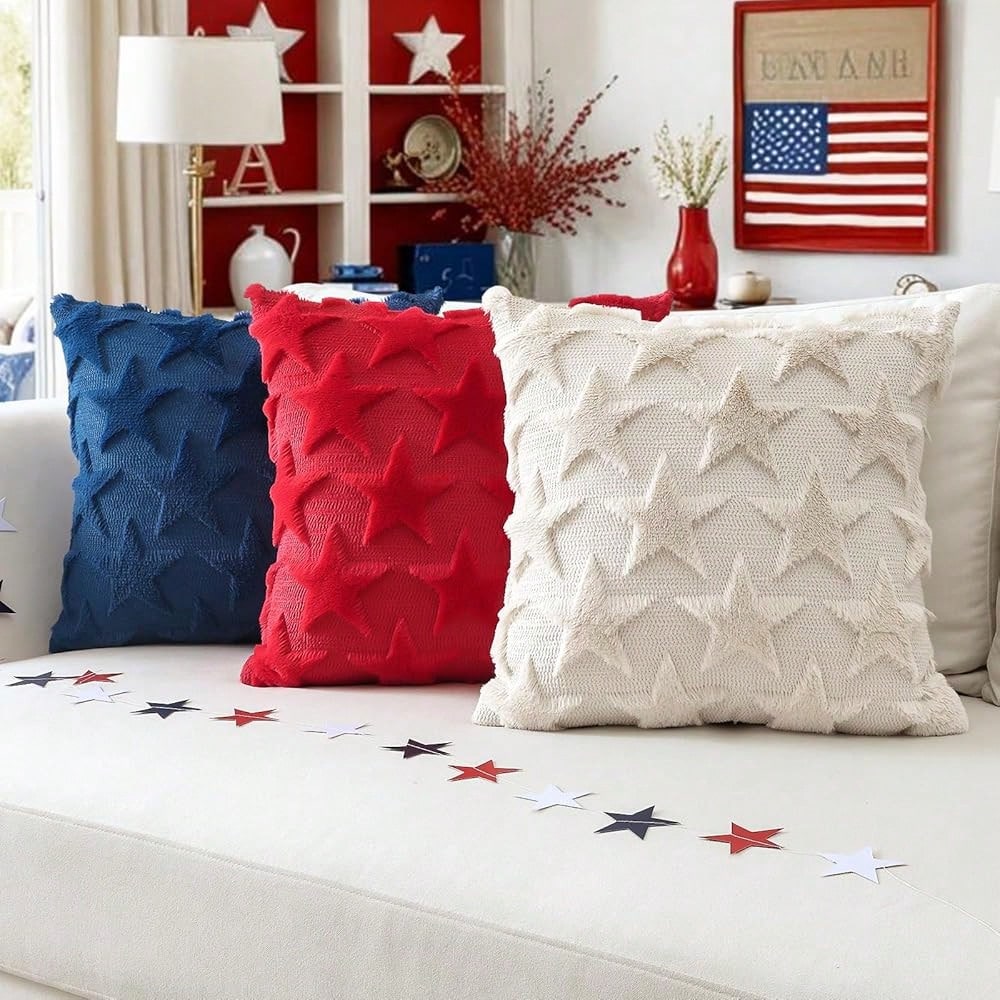 4th Of July Throw Pillow Covers Set Of 2 Stars Cushion Covers For Sofa 18x18 Inch Square Patriotic Soft Pl 11ush Short Wool Velvet Pillowcase Memorial Day Party Decor Blue