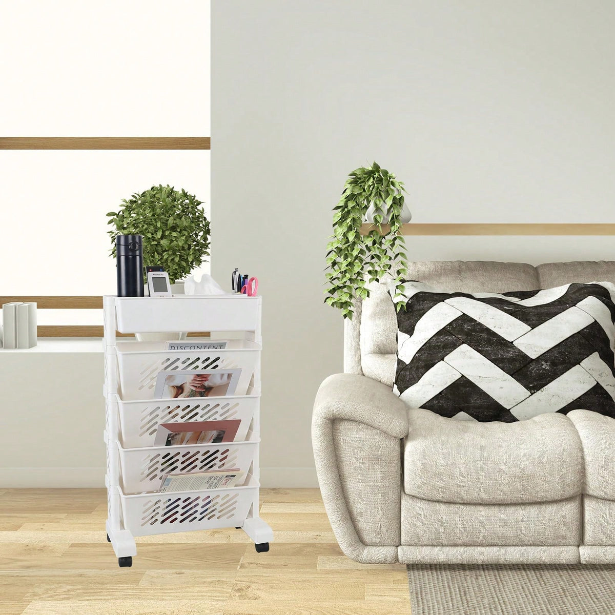 5/6 Tier Mobile Storage Cart With Wheels, White Rolling Book Cart, Slim Rolling Bookshelf Organizer For Office Home School Study Books Magazines Storage, Space Saving