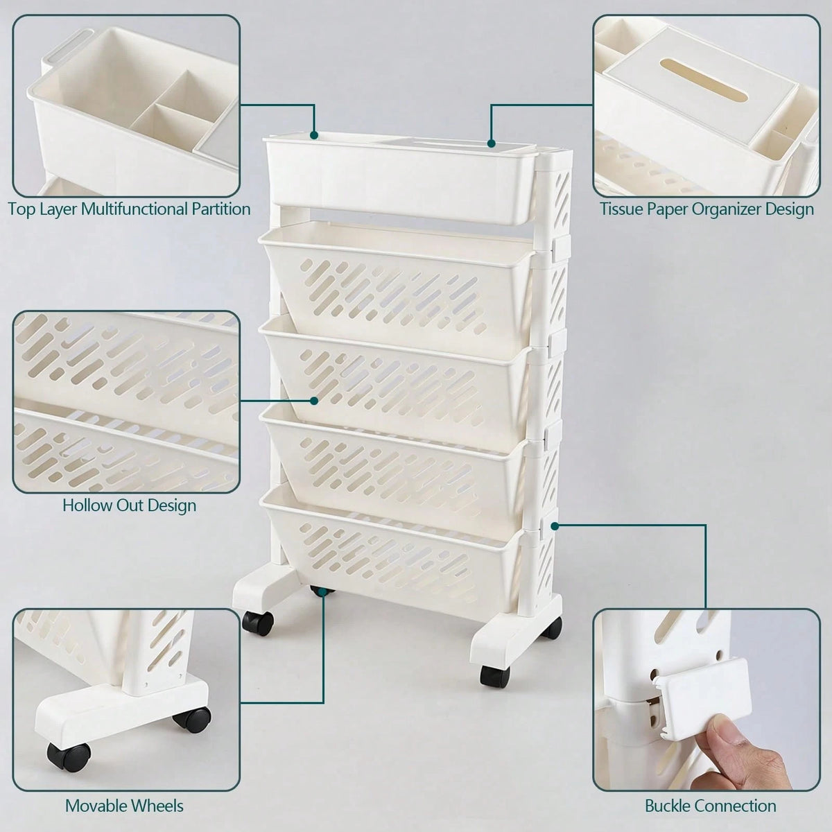 5/6 Tier Mobile Storage Cart With Wheels, White Rolling Book Cart, Slim Rolling Bookshelf Organizer For Office Home School Study Books Magazines Storage, Space Saving