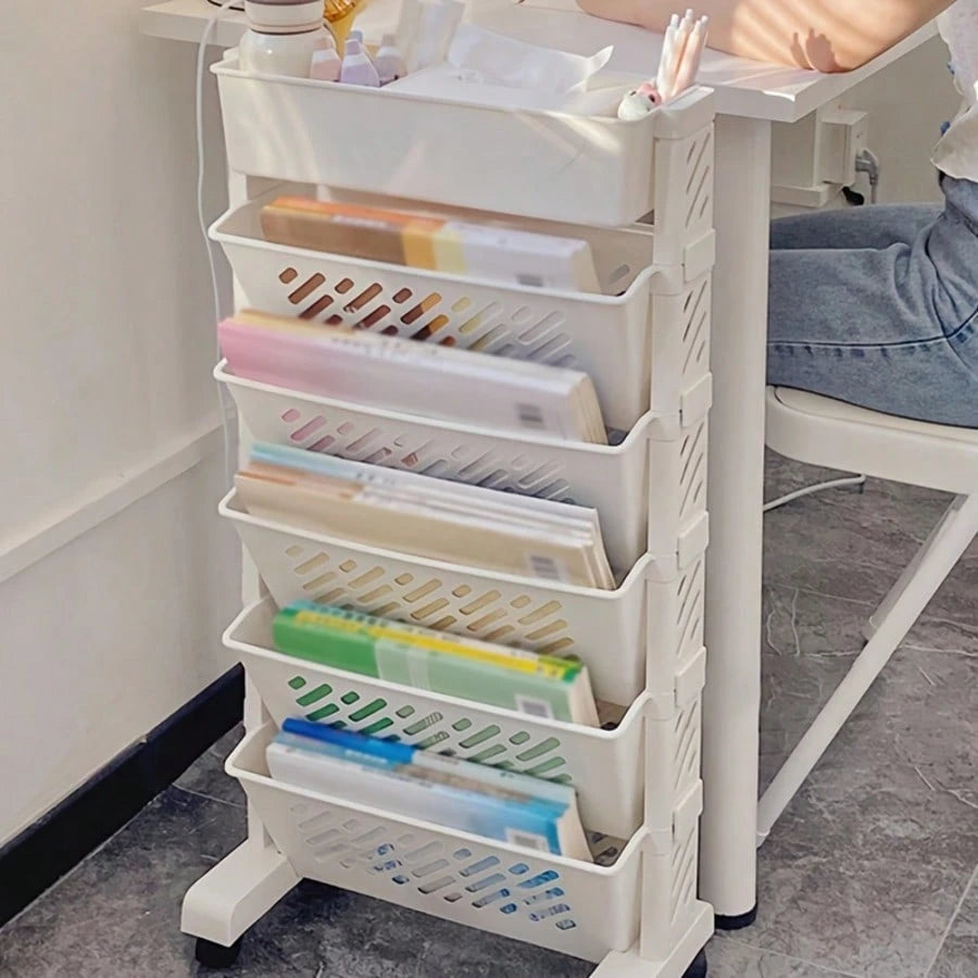 5/6 Tier Mobile Storage Cart With Wheels, White Rolling Book Cart, Slim Rolling Bookshelf Organizer For Office Home School Study Books Magazines Storage, Space Saving