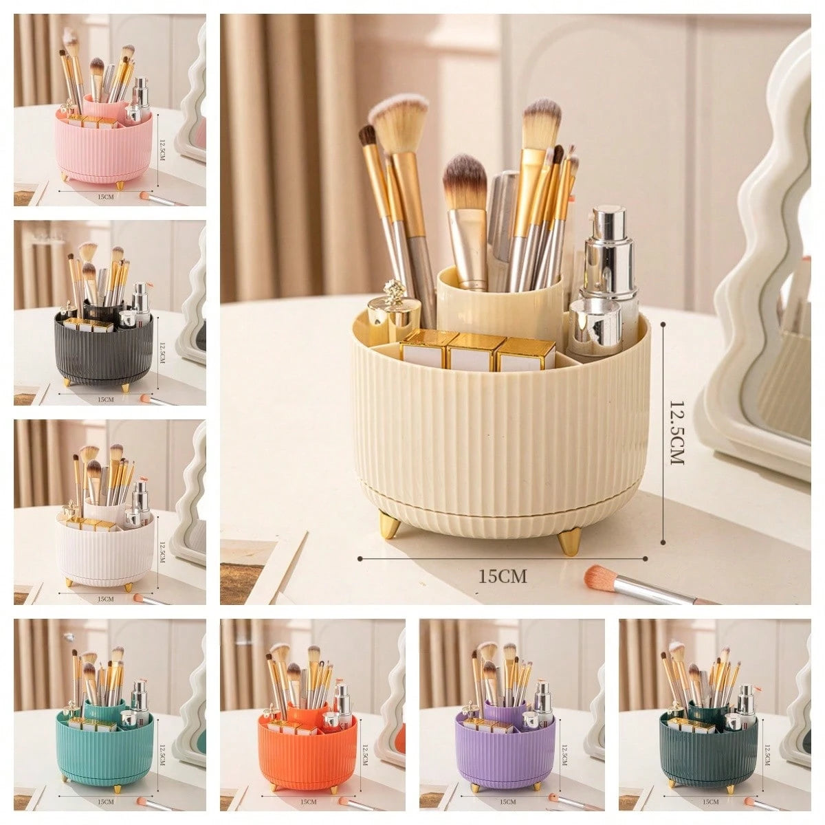 5-Compartment Rotating Makeup Brush Storage Box, Large Capacity Cosmetic Organizer, Can Store Makeup Brushes, Eyebrow Pencils And Lipsticks, Portable Vanity Storage Box, Suitable For Vanity, Bathroom