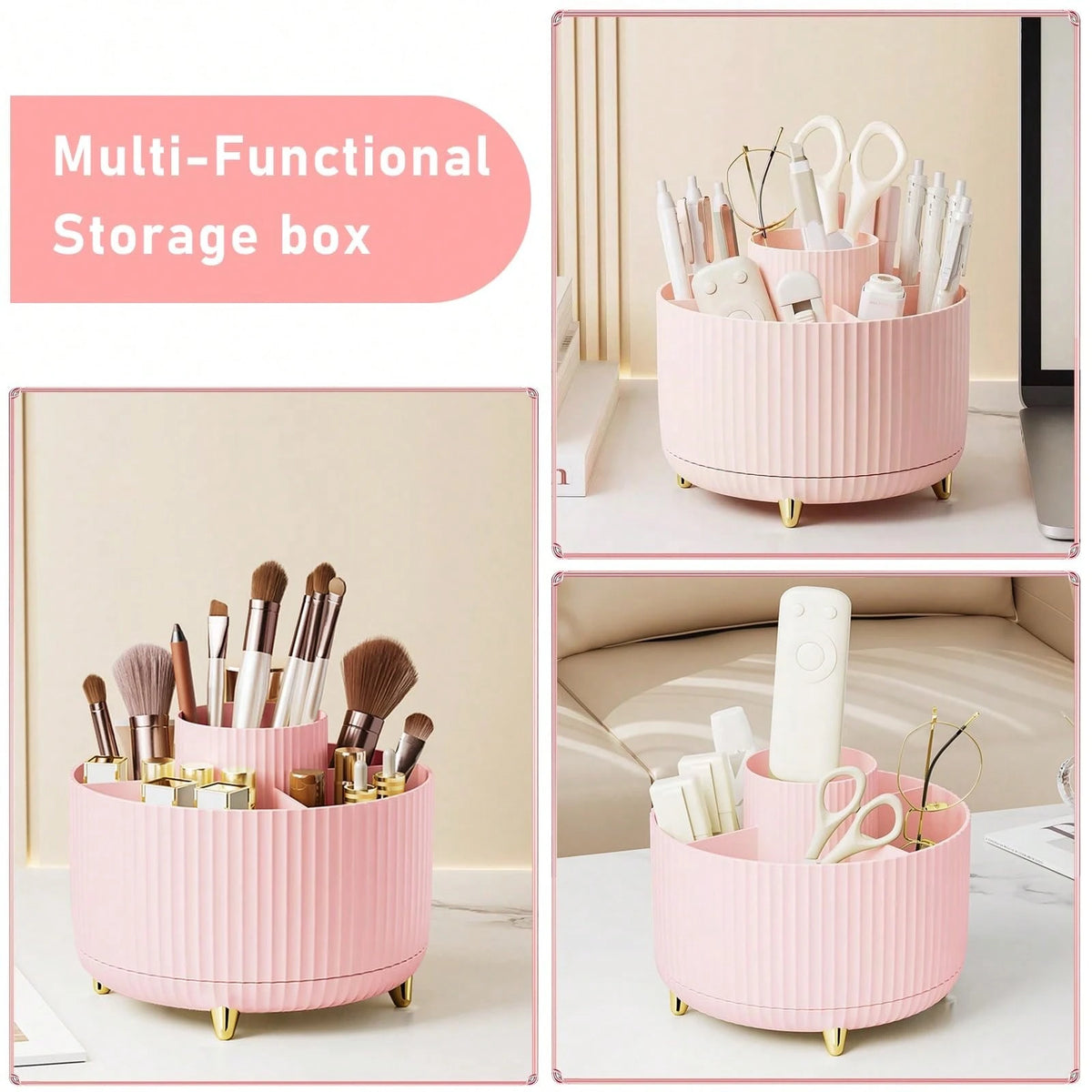 5-Compartment Rotating Makeup Brush Storage Box, Large Capacity Cosmetic Organizer, Can Store Makeup Brushes, Eyebrow Pencils And Lipsticks, Portable Vanity Storage Box, Suitable For Vanity, Bathroom