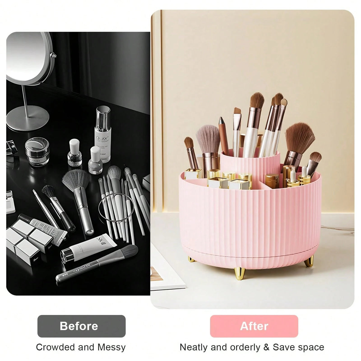 5-Compartment Rotating Makeup Brush Storage Box, Large Capacity Cosmetic Organizer, Can Store Makeup Brushes, Eyebrow Pencils And Lipsticks, Portable Vanity Storage Box, Suitable For Vanity, Bathroom
