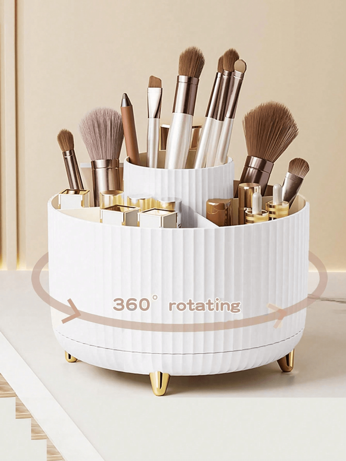 5-Compartment Rotating Makeup Brush Storage Box, Large Capacity Cosmetic Organizer, Can Store Makeup Brushes, Eyebrow Pencils And Lipsticks, Portable Vanity Storage Box, Suitable For Vanity, Bathroom