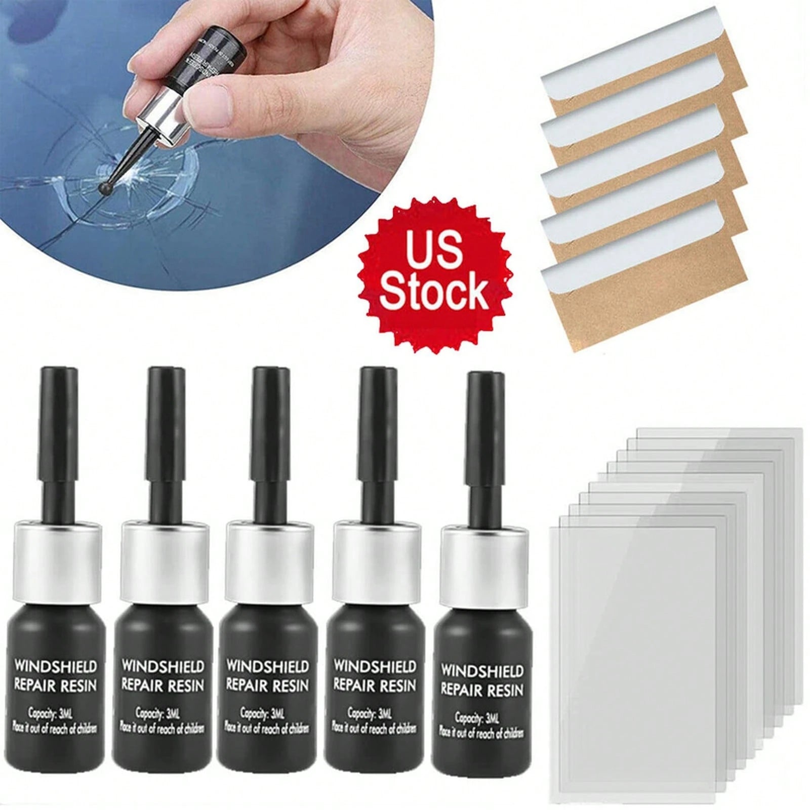 5-Pack Glass Repair Fluid Car Windshield Resin Crack Kit Crack Tools 9J6I