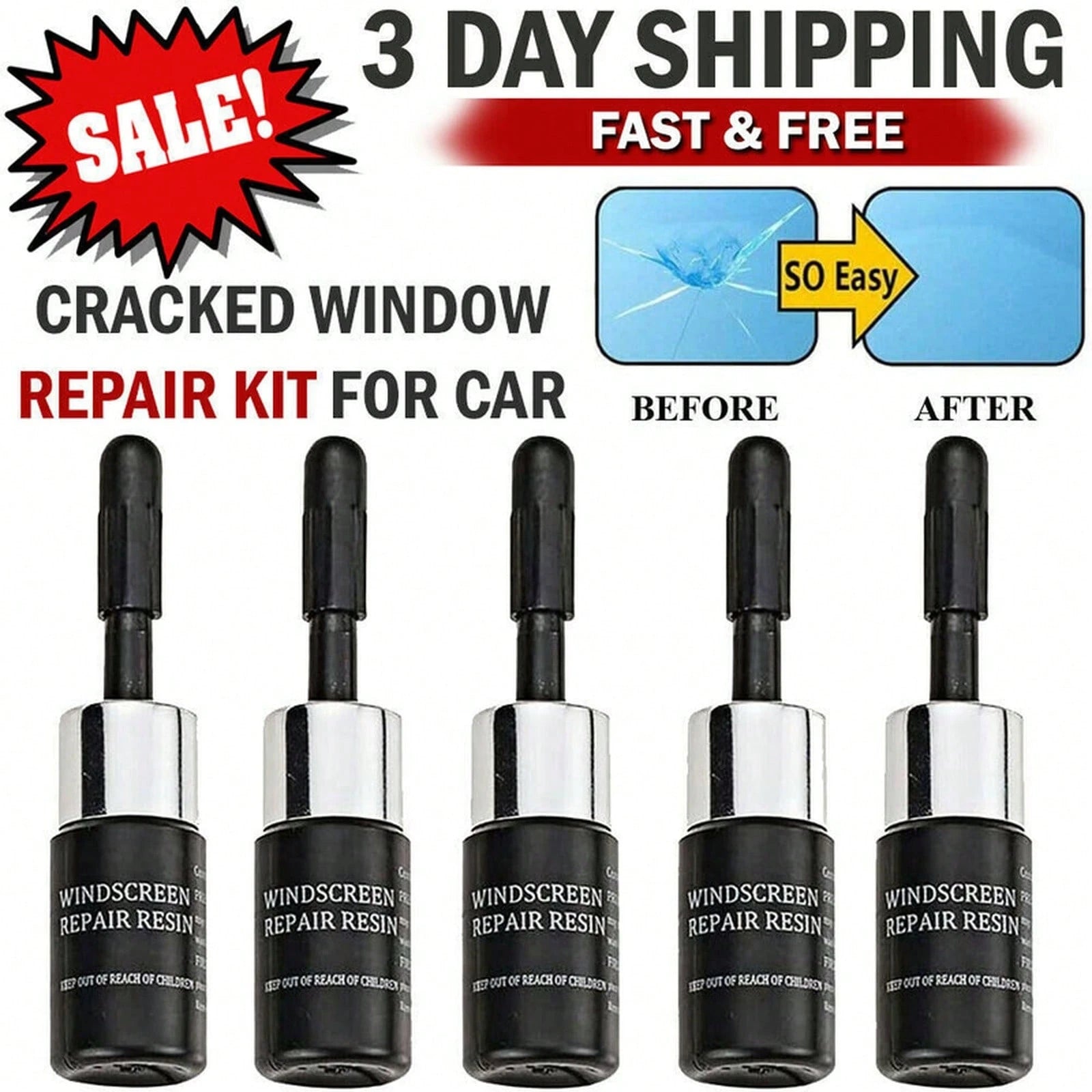 5-Pack Glass Repair Fluid Car Windshield Resin Crack Kit Crack Tools 9J6I