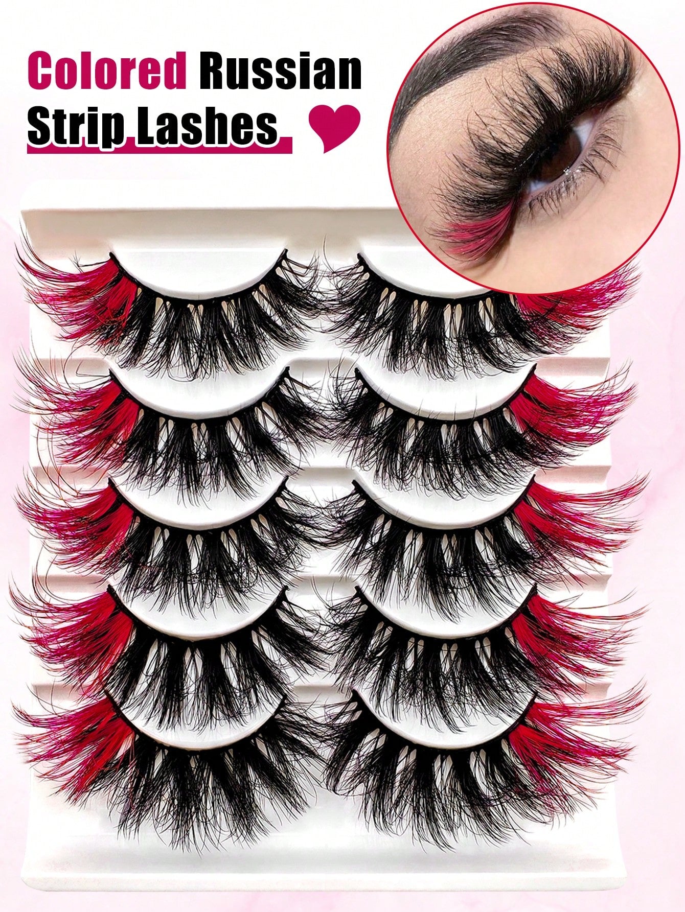 5 Pairs Red Colored Lashes Fluffy Faux Mink Lashes Lashes With Color On End Eyelashes, 20mm Dramatic Long Thick Cat Fox Eye Lashes Volume Full Curly False Eyelash Colorful Faux Mink Wispy Fluffy Long