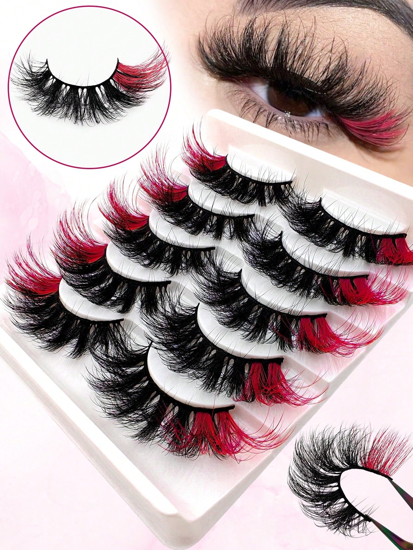 5 Pairs Red Colored Lashes Fluffy Faux Mink Lashes Lashes With Color On End Eyelashes, 20mm Dramatic Long Thick Cat Fox Eye Lashes Volume Full Curly False Eyelash Colorful Faux Mink Wispy Fluffy Long