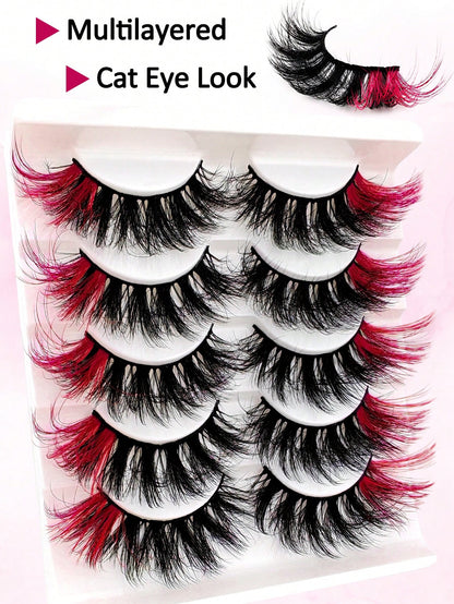 5 Pairs Red Colored Lashes Fluffy Faux Mink Lashes Lashes With Color On End Eyelashes, 20mm Dramatic Long Thick Cat Fox Eye Lashes Volume Full Curly False Eyelash Colorful Faux Mink Wispy Fluffy Long