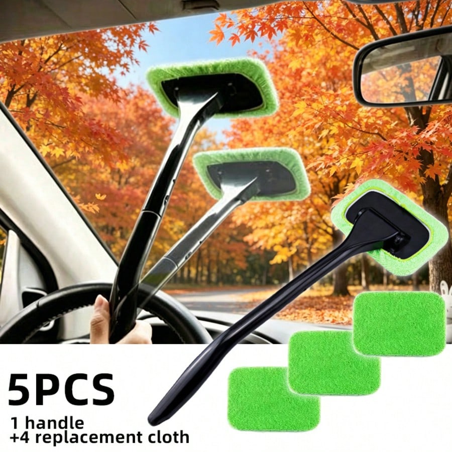 5‑Pcs Car Interior Window Cleaning Tool Set, Long‑Handle Windshield Cleaner With 1 Handle + 4 Microfiber Replacement Cloths, Detachable Microfiber Pad Auto Glass Dust Remover